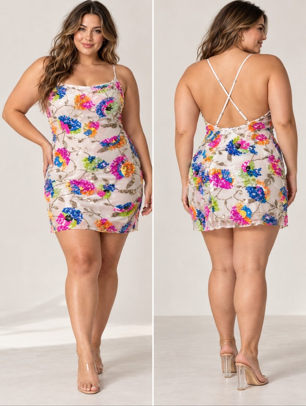 NWTs, Homecoming Dress XL Multicolor Floral Sequin Mini Open Back Party Cocktail